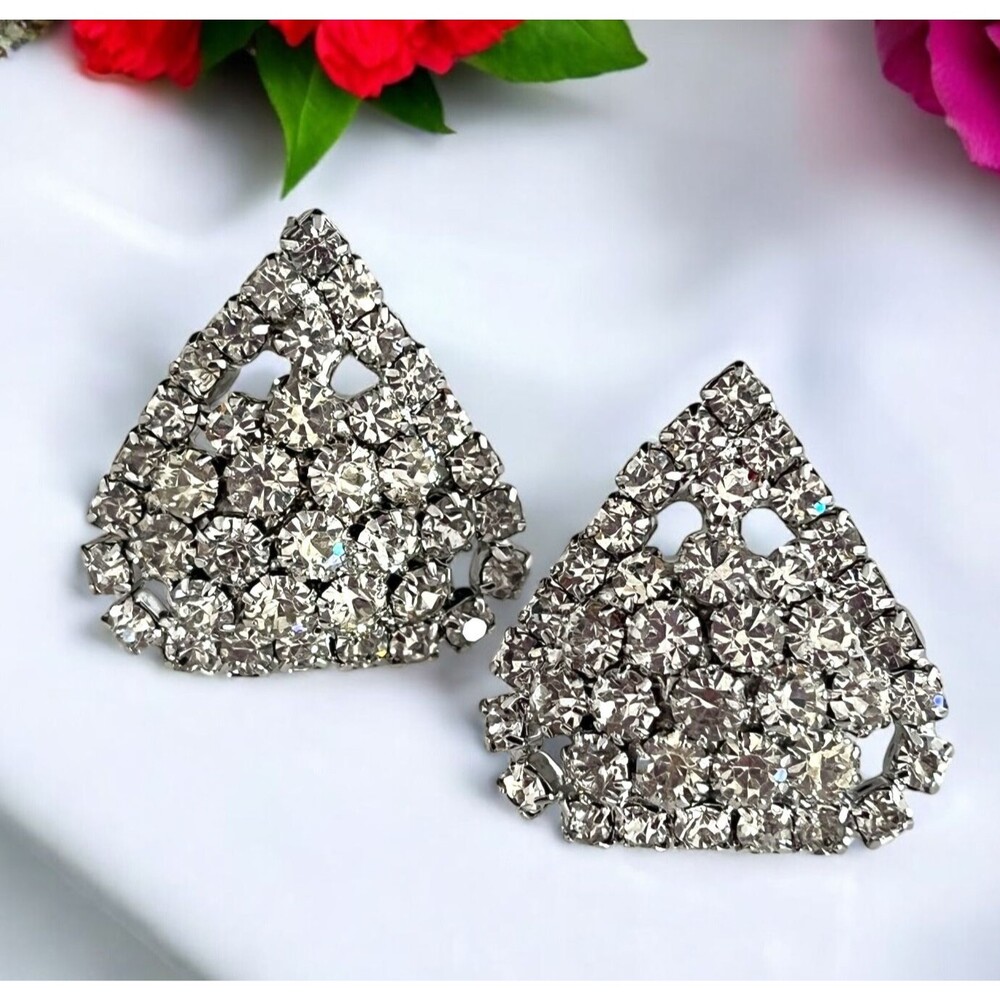 Vintage 1960s Clip On Earrings Rhinestone Pave Crystal Silver Tone Bridal - 10Y